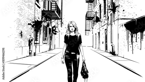 Woman walking down a gritty urban alleyway with fire escapes and graffiti