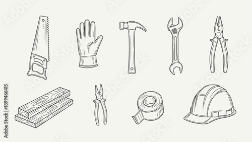 Collection of hand-drawn construction and DIY tools, safety gear, and materials