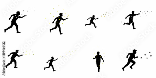 Collection of Running Men and Boys Silhouettes Interacting with Magical Fireflies and Glowing Dust Vector Set.