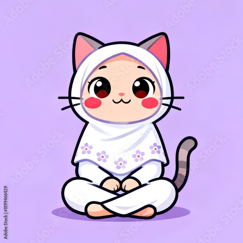 Adorable cartoon cat wearing a white hijab with flowers, sitting peacefully in a meditation pose. Perfect for Islamic themes, children's content, or cute animal designs.