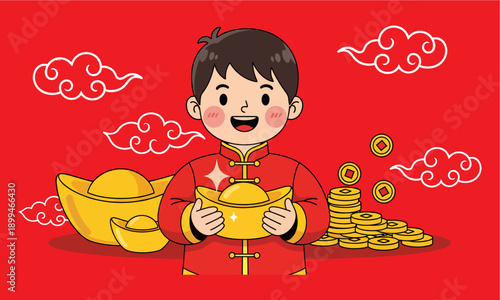 Happy boy in traditional red clothes holding a gold sycee nugget with a background of gold coins.
