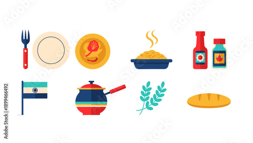 Paraguay food and cooking icons: flag, utensils, ingredients, and dishes