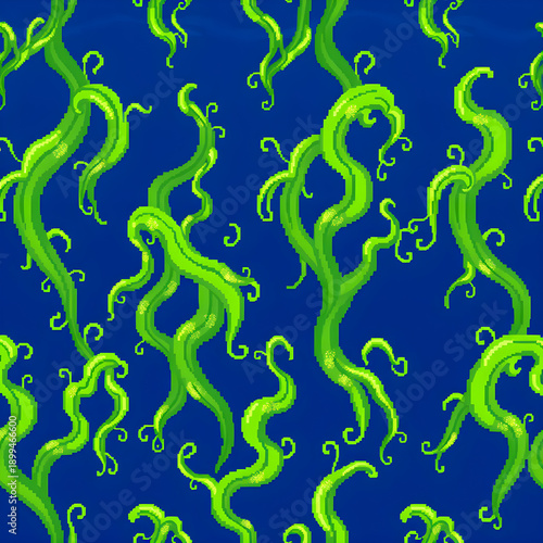 Seamless pixel art underwater kelp forest pattern