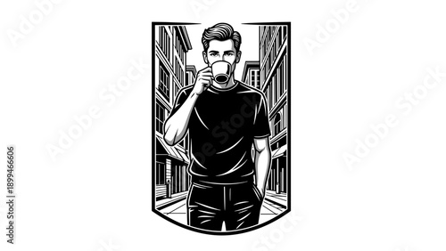 Stylish man in black t-shirt drinking coffee on a city street, black and white illustration