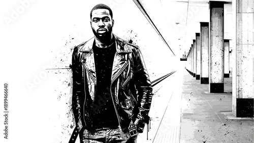 Stylish Black Man in Leather Jacket Standing in Modern Architectural Space