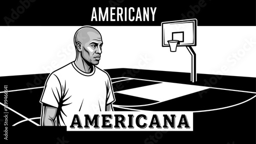 Bald man in t-shirt standing on a basketball court with hoop in the background, black and white illustration