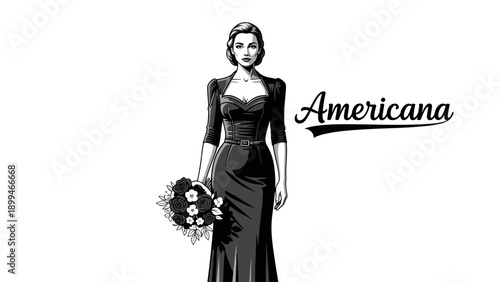 Elegant woman in a vintage black dress holding a bouquet of roses, Americana style