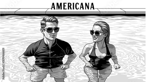 Stylish couple enjoying a refreshing swim in a pool on a sunny day