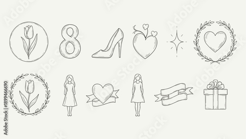 Collection of hand-drawn icons for International Women's Day celebration and feminine themes