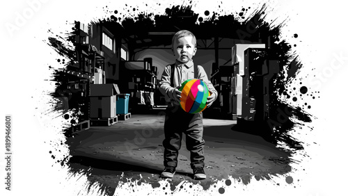 Young child holding a colorful ball in a warehouse with black ink splatters