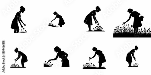 Eight black silhouettes of women and girls bending and picking flowers in a field or garden, illustrating gardening, springtime, and connection with nature.