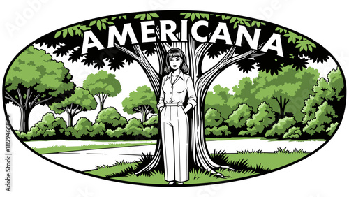 Retro woman standing under a large tree with the word Americana above her