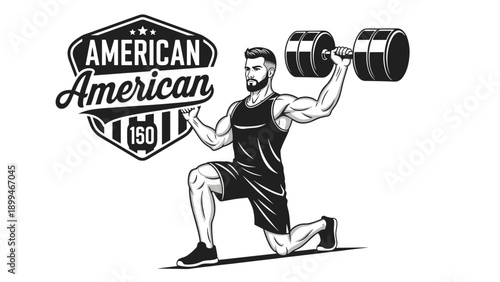 Muscular man performing dumbbell lunges with American emblem, black and white vector art