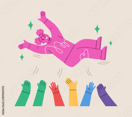 Success. Girl being thrown in the air. Colorful vector illustration