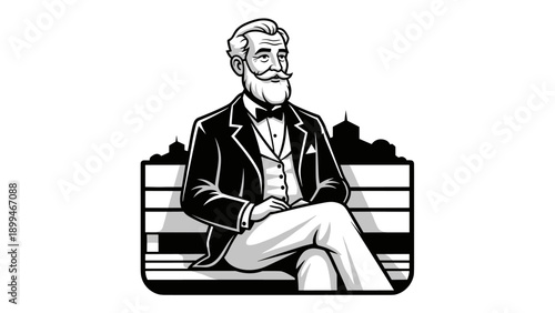 Distinguished elderly gentleman in formal attire sitting on a park bench with city skyline