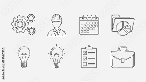 Collection of business and work icons representing concepts like teamwork, ideas, planning, and success