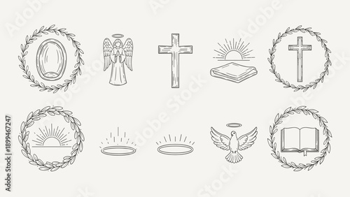 Collection of religious and spiritual symbols in a hand-drawn sketch style