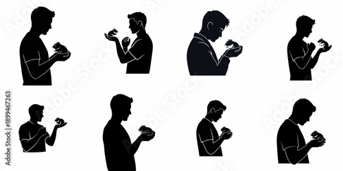 Man Holding Small Pet Rodent Silhouettes Set: Black and White Icons of Human Interaction and Animal Companionship.