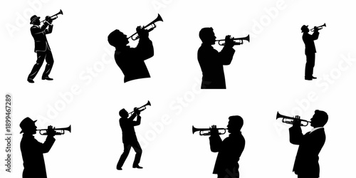 Black silhouettes set of jazz musicians and trumpet players performing brass instrument music, isolated on a white background.