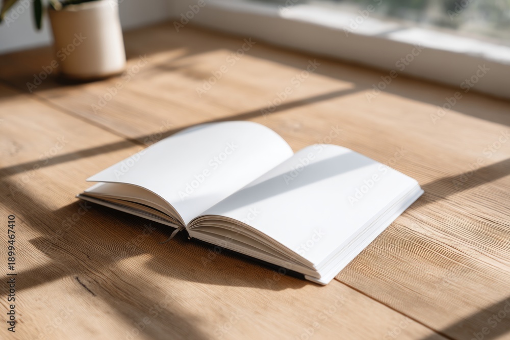 Naklejka premium Sunlit Open Planner with Long Shadows on Table