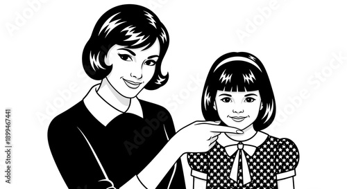 Retro woman pointing at a child's chin with a playful expression, black and white illustration