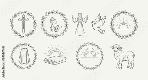 Collection of religious and spiritual symbols in a minimalist line art style