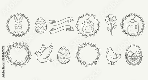 Set of hand-drawn Easter elements including a bunny, eggs, cakes, and a chicken