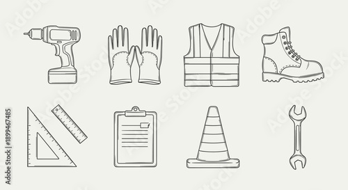 Collection of construction and safety equipment icons in a hand-drawn style