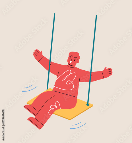 PrintHappy boy playing on tree swing. Colorful vector illustration