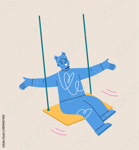 Happy girl playing on tree swing. Colorful vector illustration
