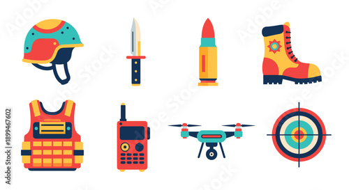 Collection of military and tactical equipment icons, including helmet, knife, bullet, and boot