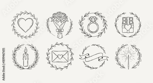 Collection of hand-drawn romantic icons in circular laurel wreaths for design