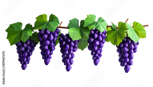 Minimal Low Poly Grapes with Geometric Faceted Surface Isolated on Transparent Background
