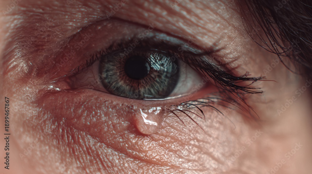 Obraz premium Close-up of a human eye with a single tear rolling down the cheek.