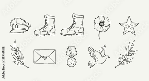 Collection of military and peace symbols in a hand-drawn sketch style
