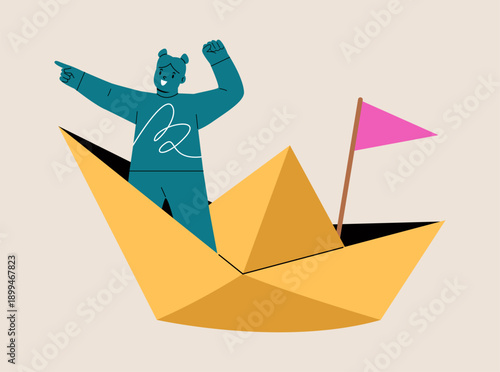 Girl sailing on a paper boat with Flags. Colorful vector illustration