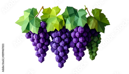 Modern Low Poly Grape Bunch with Polygon Purple and Green Design Isolated on Transparent Background
