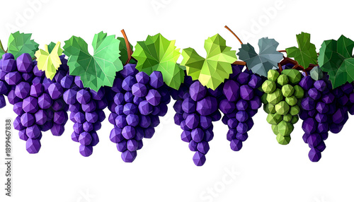 Stylized Low Poly Grapes Fruit Cluster with Geometric Shapes Isolated on Transparent Background