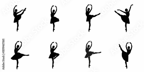 Set of eight black ballerina silhouettes demonstrating different classical ballet dance poses on a clean white background.