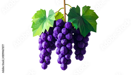 Low Poly Grapes Cluster with Purple and Green Geometric Fruit Isolated on Transparent Background