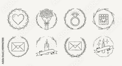 Hand-drawn romantic icons in circular frames for Valentine's Day and wedding themes