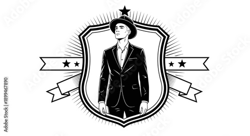 Stylish man in a suit and hat standing inside a shield emblem with ribbons and stars