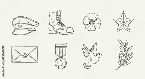 Collection of military and peace symbols in a simple line art style