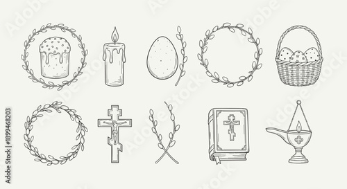 Collection of Easter and Orthodox Christian symbols in a hand-drawn sketch style