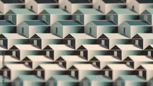 Surreal 3D animation with a pattern of houses. An atmospheric background on the theme of real estate, suburbs, and uniform development. Seamless, cyclical animation in a vintage style