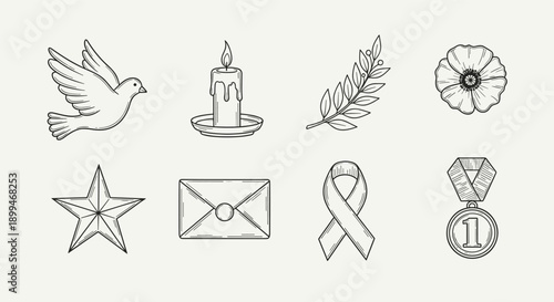 Collection of symbolic icons representing peace, remembrance, and achievement in a minimalist line art style