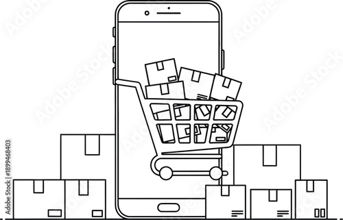 Outline illustration depicts mobile phone e-commerce transaction featuring a shopping cart overflowing with packages ready for digital delivery and physical fulfillment
