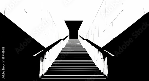 Ascending a stark, modern staircase towards a bright, abstract light