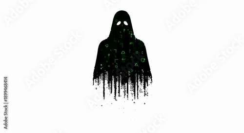 Mysterious hooded figure dissolving into digital data stream against white background