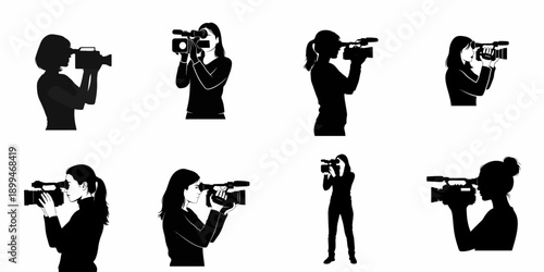 Female Videographer and Camerawoman Silhouettes Set: Collection of Black and White Vector Illustrations of Women Operating Professional Video Cameras for Media and Journalism.